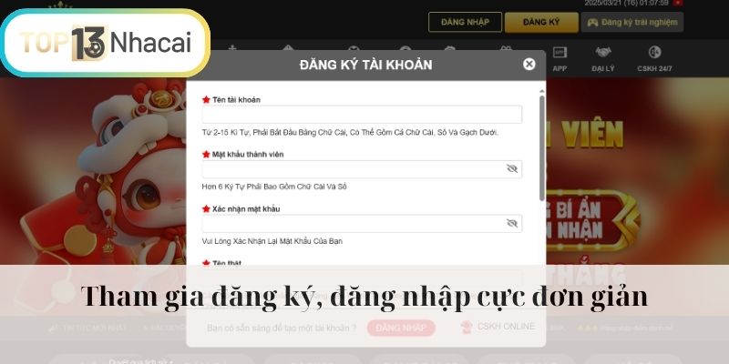 Tham gia đăng ký, đăng nhập cực đơn giản